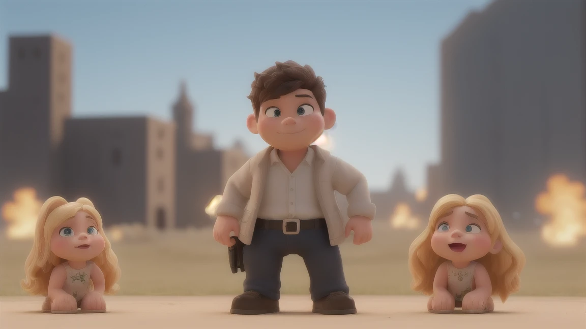 An angel talking with police man in old home road 3d cartoon