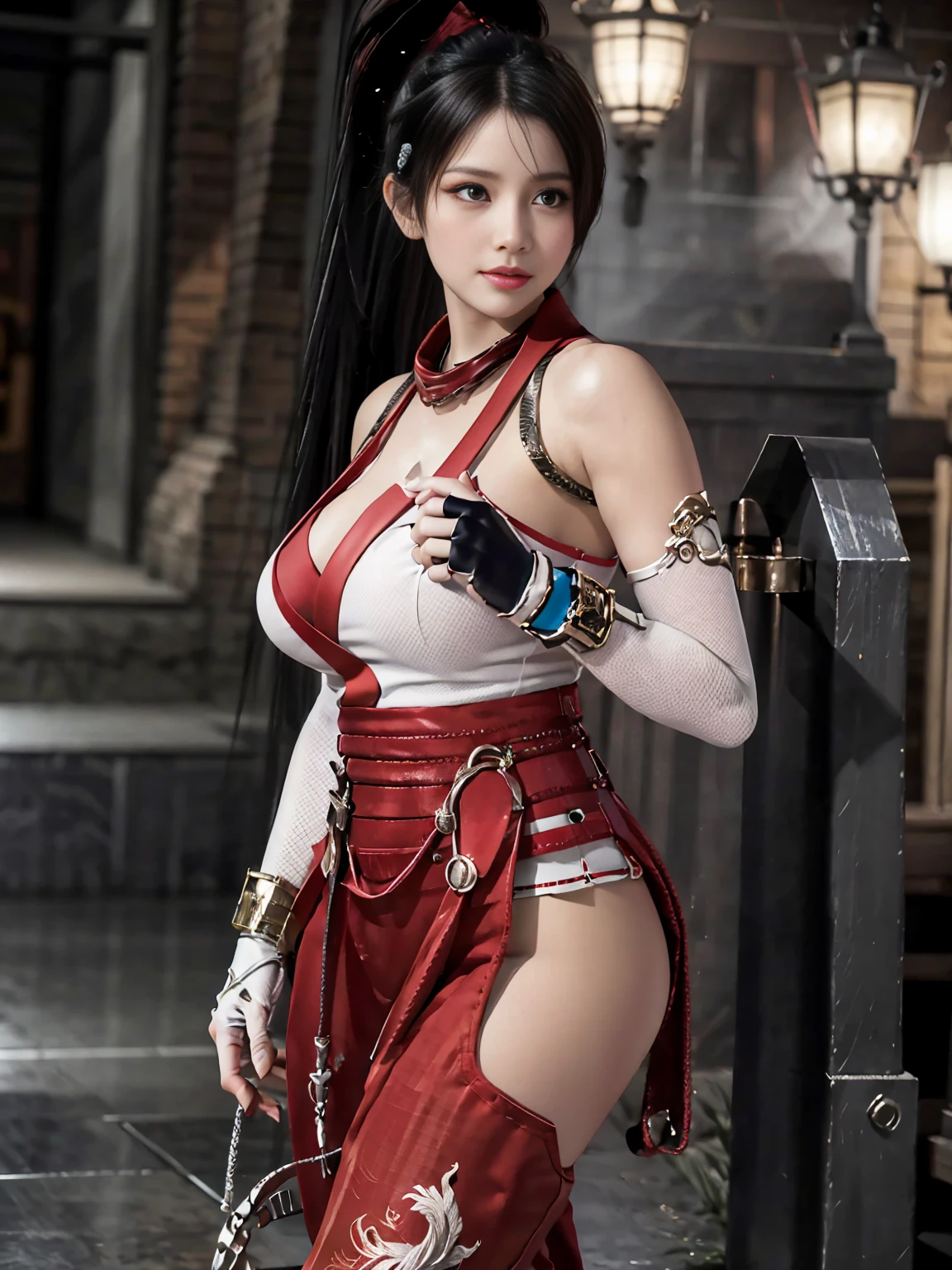 ((best quality)), ((Masterpiece)), (4k details), ((Old Asian woman)), ((Age 70)), (((See the whole body from head to toes.))), Plump body, tight red latex leggings, white cotton dress shirt, (purple leather waist corset), Big muscles, Twintail hairstyle, Eyes on the camera, red lips, Wear glasses, holding guns styled like Bayonetta