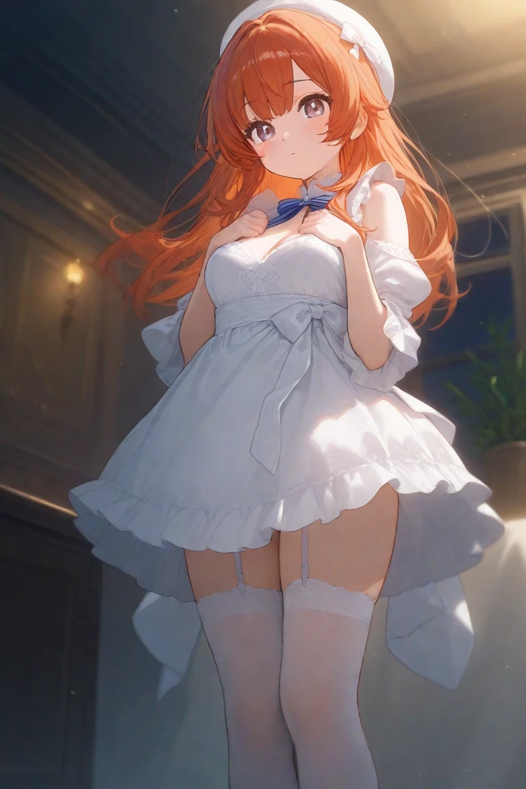 masterpiece, best quality, nsfw,
1girl, view from below,
lift up the skirt, white dress, white panties, orange hair, embarrassed face,
a lot of sweat, bedroom, late night