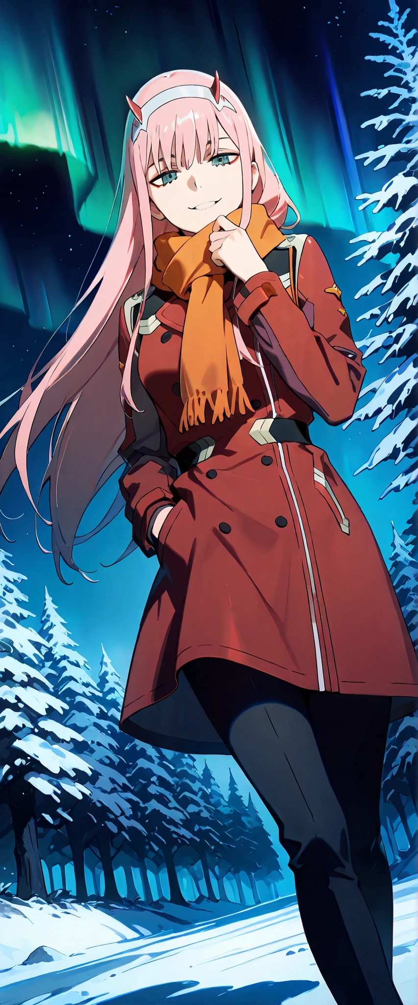 1 woman, zero two (darling in the franxx), dutch angle, pink hair, red horns, cyan eyes, dark red winter coat, dark orange scarf, black pants, forest, night, aurora borealis, winter, outdoors, seductive smile, seductive pose, chiaroscuro, masterpiece, high quality, highly detailed