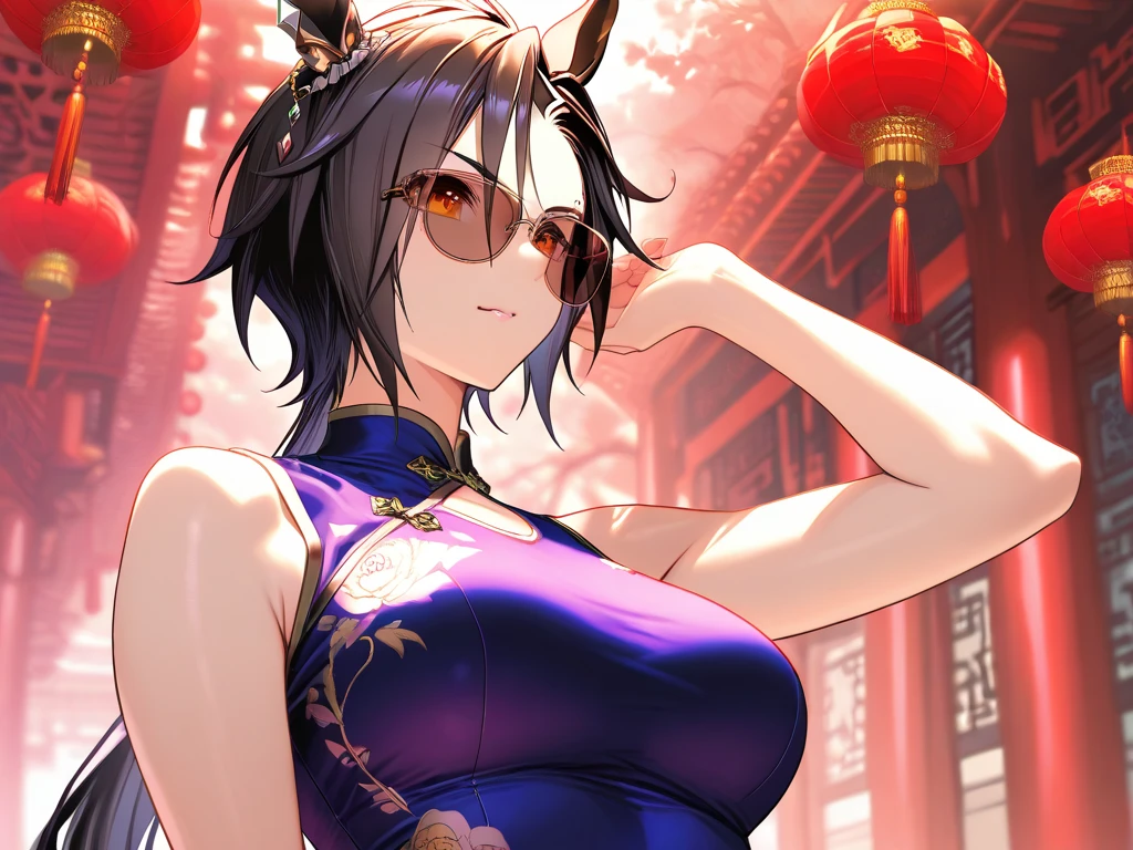 hired \(genshin impact\), 1 girl, He drowned, Architecture, hits, bare shoulders, Bell, black gloves, black shackles, ((blue fur)), blush, old, chinese knot, Separate sleeves, east asian Architecture, flower knot, gloves, horns, wide, looking at the viewer, medium old, neck Bell, evening, outdoor, shackles, purple eyes, Side locks, Alone, tassel, white sleeves, ((masterpiece))
