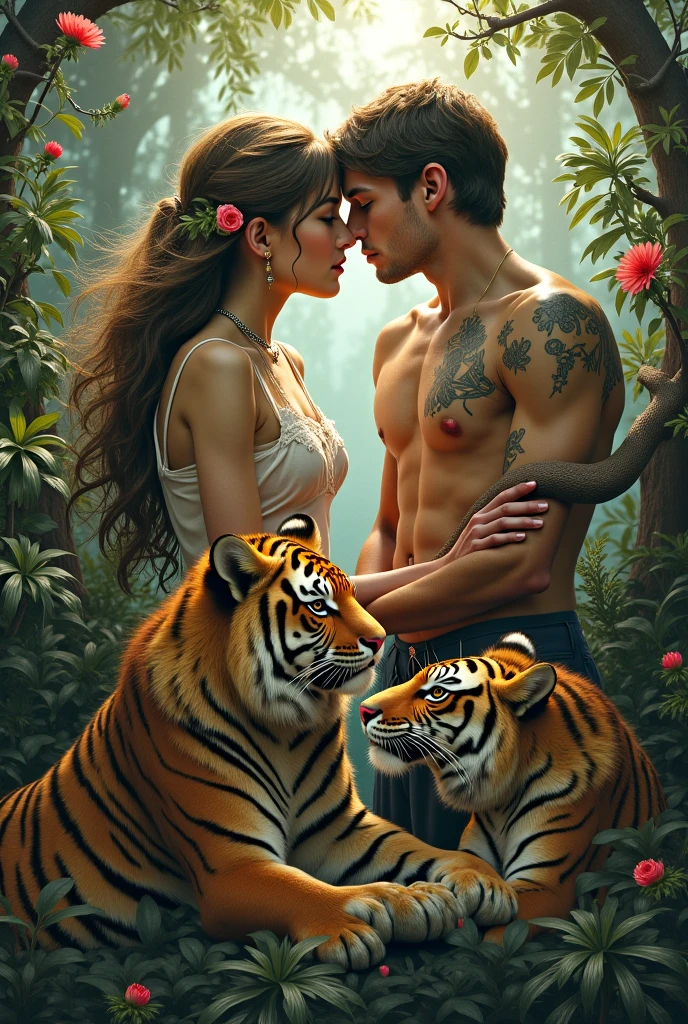 Man and woman Romance in Jungle  and tiger came to and The man Have Pistol to Kill tiger