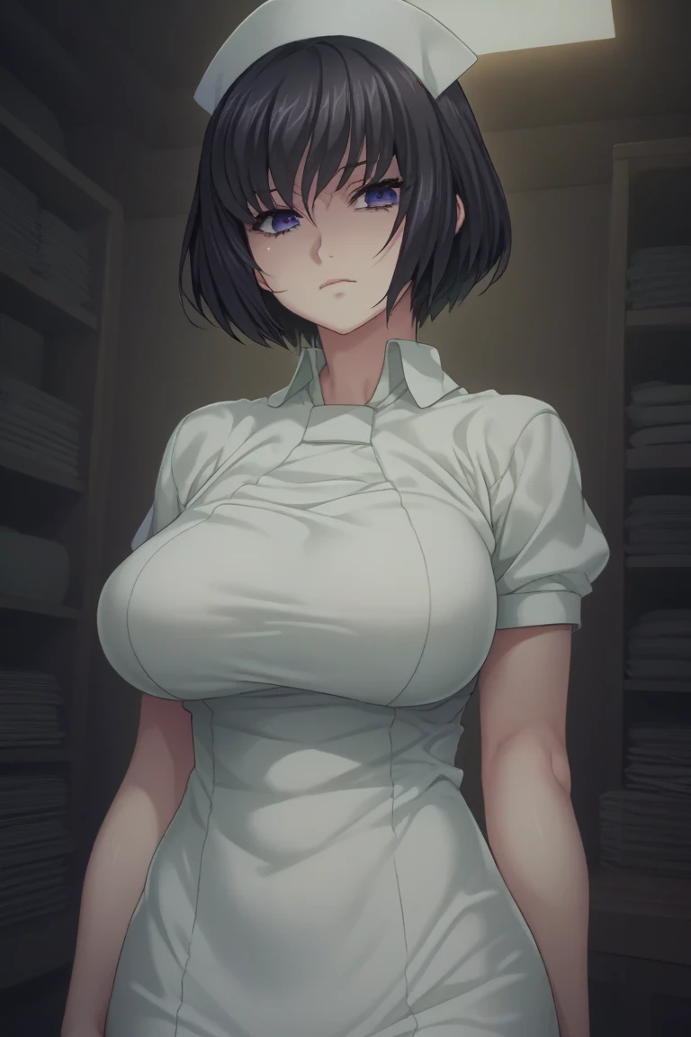 kangoshichou sb, black hair, short hair, hair between eyes, constricted pupils, black eyes, nurse, nurse cap, short sleeves, white latex gloves, hospital private room