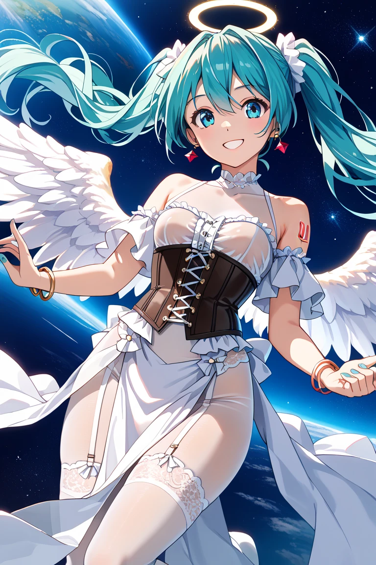 4k ultra hd, masterpiece, a girl, good face, detailed eyes, detailed lips, angel girl, big wings, transparent wings, neon lights, magnificent background, white Transparent dress, undress, no underwear, bare waist, feather crown, starry sky background, divine light, attractive pose, NSFW 