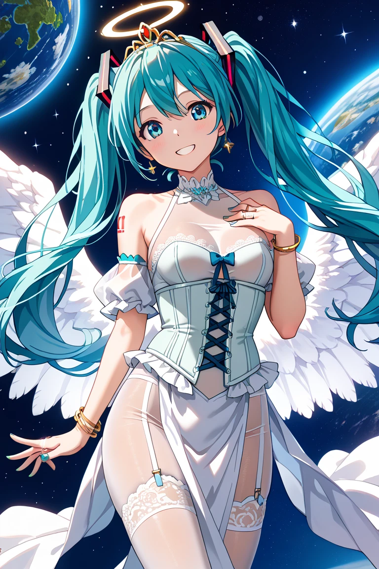 Super Idol a beauty girl adorable smiling sky blue hair length hair Twin-tailed Sparkly blue, yellow, pink and white leotard facing front 7 colors of angel great wings on the back Mystical Fantasia constellation a moon Crystal Brilliance Aurora Borealis in the Night Sky