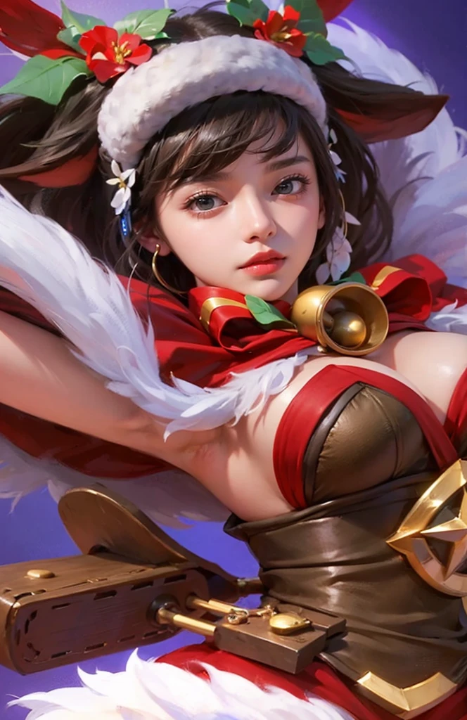 fighting stance,1girl,(ultra detailed skin),curvy,petite,beautiful breasts,large breasts,pale skin,pointy breasts,erect nipples,(fantasy art,Highest image quality,Hyperrealist portrait,(8k),ultra-realistic,best quality, high quality, high definition, high quality texture,high detail,beautiful detailed,fine detailed,extremely detailed cg,detailed texture,a realistic representation of the face,masterpiece,Sense of presence,Dynamic,bold),(thin hair),(soft hair),(straight hair:1.5),Swept long bangs,extra light coppery amber hair,hair over one eye,((clothed:1.5),leather boots,leather gauntlet,(santa dress armor:1.5),(long silk sarong:1.5))),mecha musume,girl