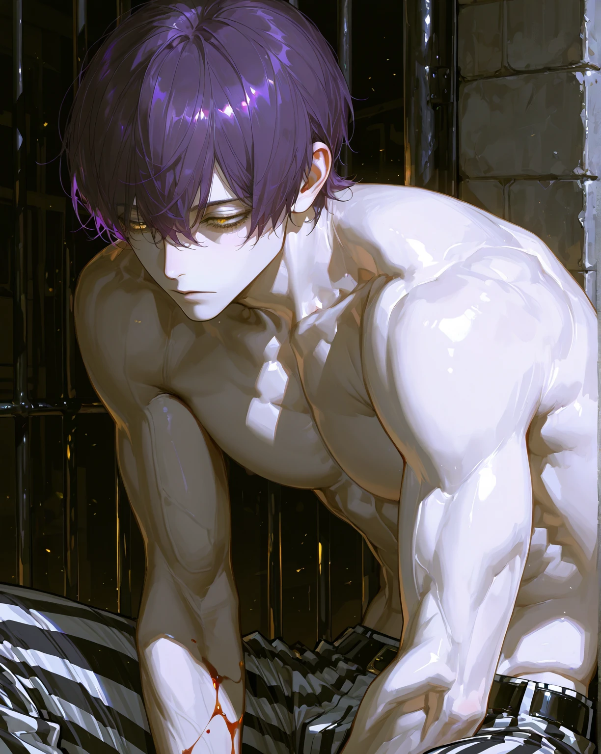 boy, Ashy short hair, Purple eyes, naked torso, bare top, slender body, normal body, shorts, without shoes, sitting on a stone, night, forest landscape, lake, fireflies, Moonlight.