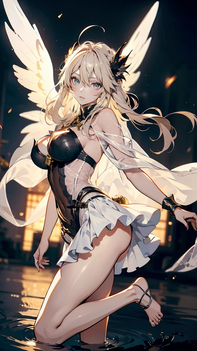 japanese anime style。illustratio。Dark Fantasy。White feathers。girl with。a blond。undergarment。natta。battle field。Colossal tits。pubick hair。teats。a miniskirt。A little angry。all-fours。