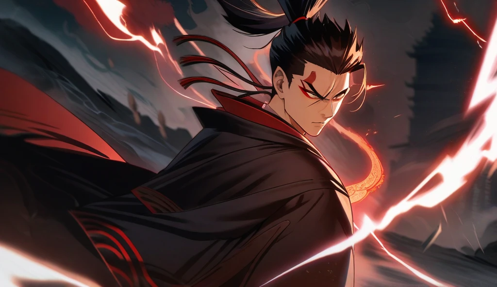Sorcerer a blackhairedhightlightgreen men, wearing a red samurai armor, short hair, fasion hair, slim body, hood, hakama, men, handsome face, tall 187cm, 21yearold, male, Secret,  magicbook