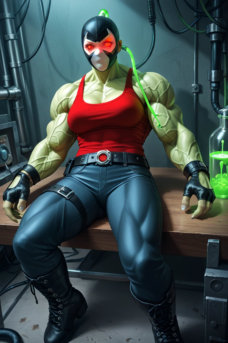 8k, best quality, beautiful muscular adult woman, wrestler, very muscular, very tall, vivid green hair in a loose low ponytail, black harness, nude, large breasts, sexy, sweat, large toned ass, wide frame, athletic, fit, bruiser pose, mischievous grin, pale white skin, 8 feet tall, muscular thighs, shredded waist, glowing green eyes, beautiful, strong, TALL, hdr, black goth eyeliner, long hair, green eyes, matte black lipstick, dungeon, indoors