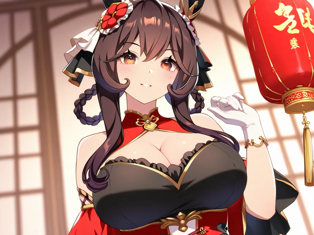 1 girl, IGN Akagi, Azur Lane, large breasts, brown kitsune, red eyes, dangerous smile, red kimono