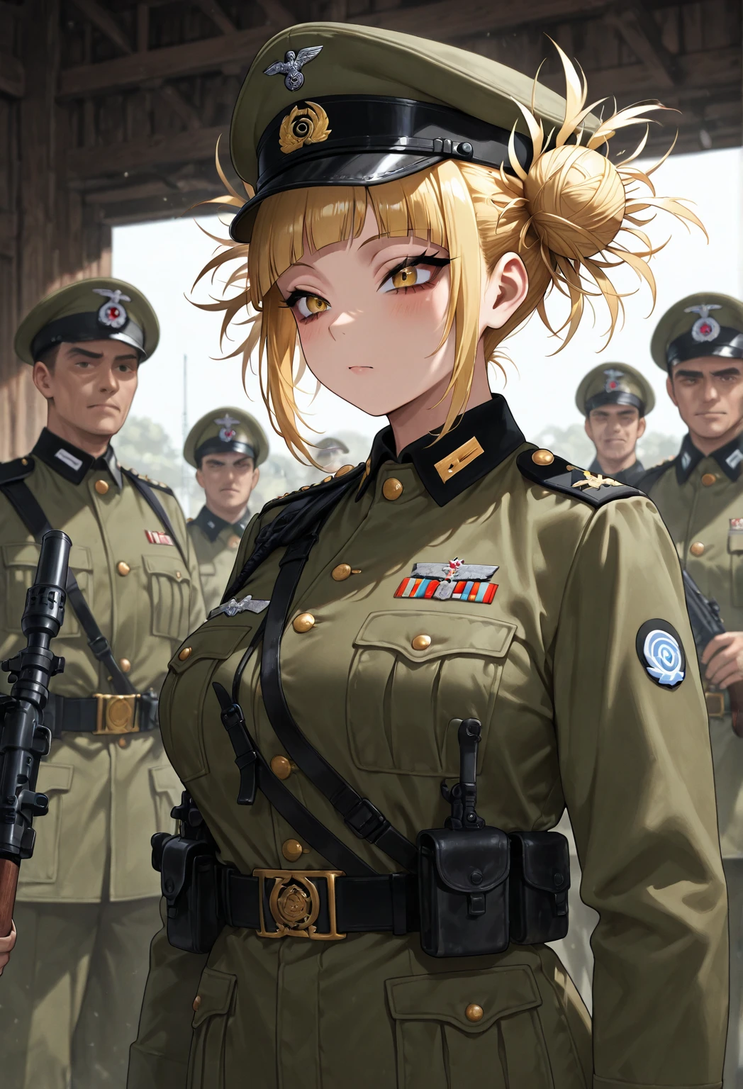 Step into the heart of battle as a female soldier takes charge with exceptional leadership skills. Surrounded by her fellow soldiers, she strategizes and directs the action with precision. The intensity of the moment is captured in her focused expression and confident stance. Amidst the turmoil of war, she remains composed and resolute, embodying the essence of a true leader on the battlefield. (Exceptional leadership skills, Focused and confident in the midst of battle), (Surrounded by fellow soldiers:1.3), (Strategizing and directing with precision:1.2), (Composed and resolute amidst the turmoil of war:1.2), inspired by the valor of female leaders in combat,(((milf))) <lora:Vermouth_20230727192625:0.8>
