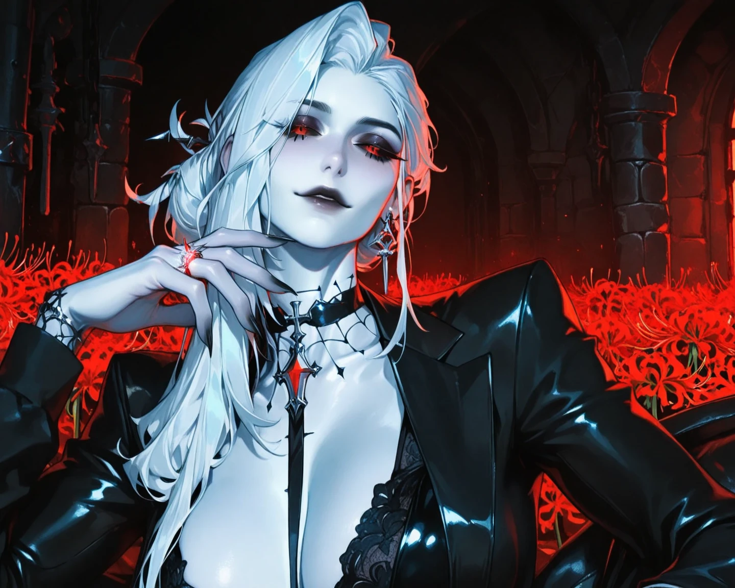 1girl, white hair, heavy goth makeup, fantasy character, cyberpunk horror, dark fantasy, navel, gothic mage, dark red eyes, bloody eyes, dripping blood