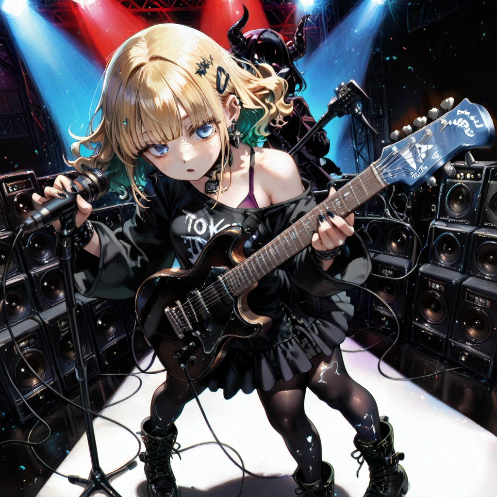 High quality picture, masterpiece, 4k. luminous, reality, blond bobbed hair, punk style t-shirt, hot trousers, playing electric guitar, big eyes, lame eyeshadow, on stage with spotlight