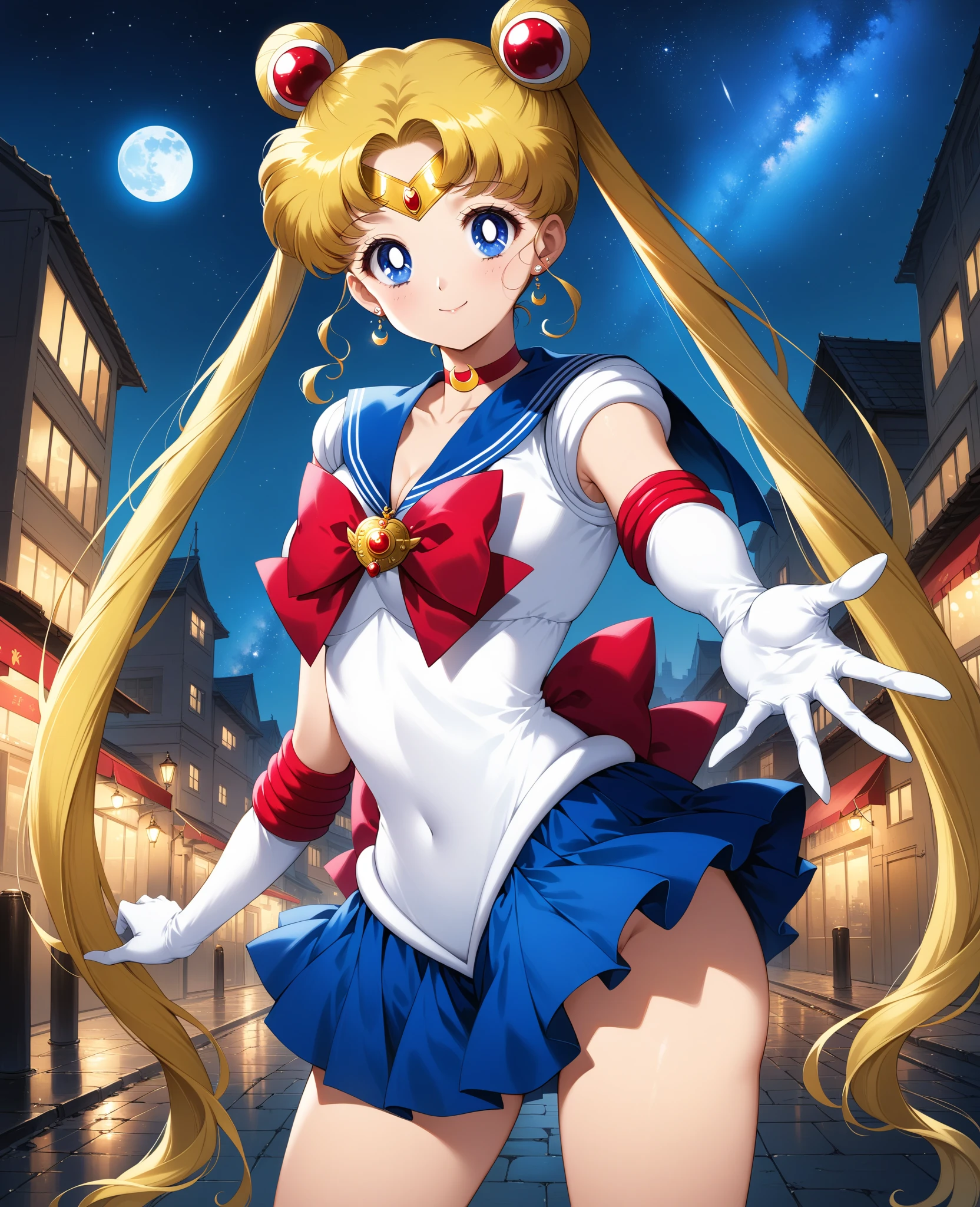 masterpiece, best quality, highres, 1girl, aausagi, double bun, twintails, parted bangs, circlet, jewelry, earrings, choker, red bow, white gloves, elbow gloves, blue skirt, <lora:sailor_moon_v1:0.7>, standing, cowboy shot, night, outdoors, moon, smile, city,
