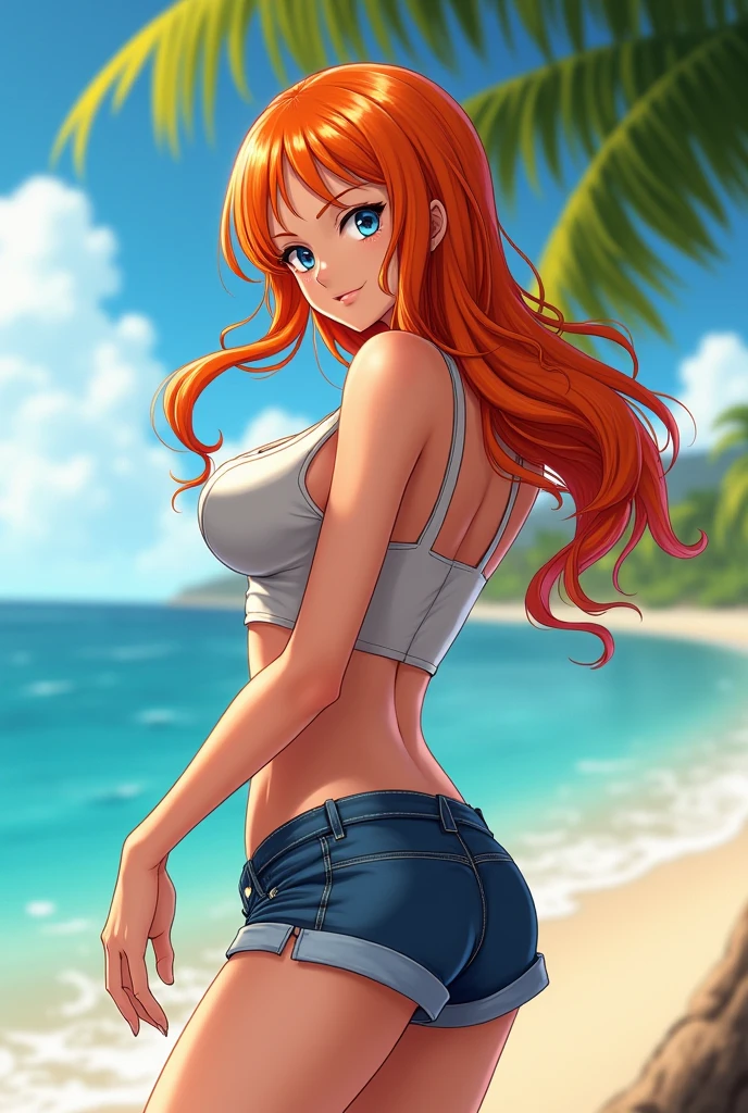 (masterpiece), best quality, expressive eyes, perfect face, detailed hands, detailed anatomy, perfect anatomy, nami, Orange Hair, From Behind, skinny jeans, beach background, big ass, detailed background, one girl, hentay style, sexy pose, 1 girl, solo