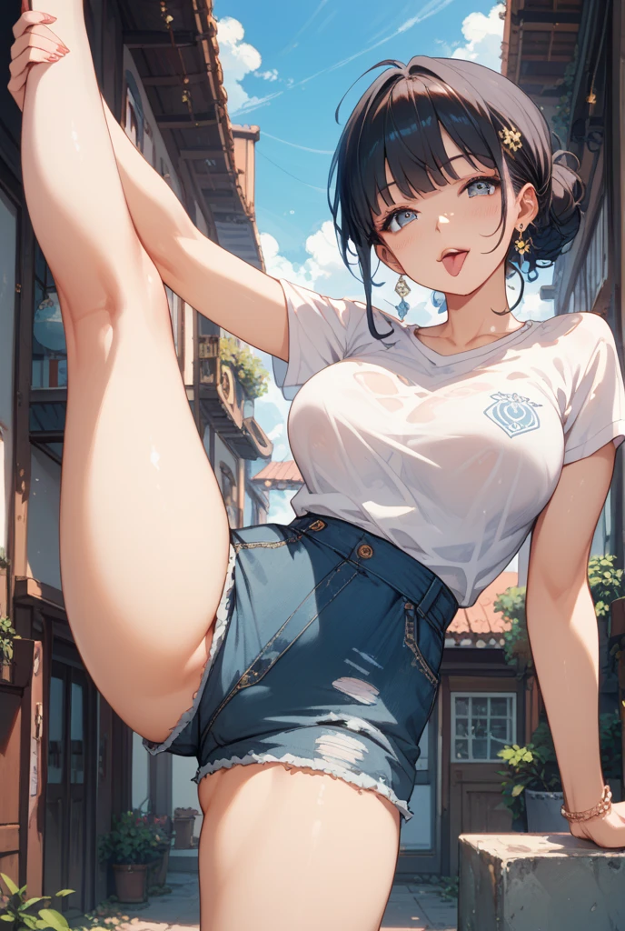 (Shoot from below:1.5), Rear Angle, (From below :1.4), (Crotch focus:1.2), (low angles:1.2), BREAK, top-quality, masterpiece, Photonic style, high-detail, 16k picture quality, beautiful a girl, Turn around and look at the camera, Depicts the whole body, Standing backwards, plump big breasts, Constricted waist, white short sleeves T-shirt, Sheer , Denim shorts, Navel Ejection, Crimson sky, Madder clouds, Dazzling sunset light, suns, Orange Sea, sand beach, Splash,