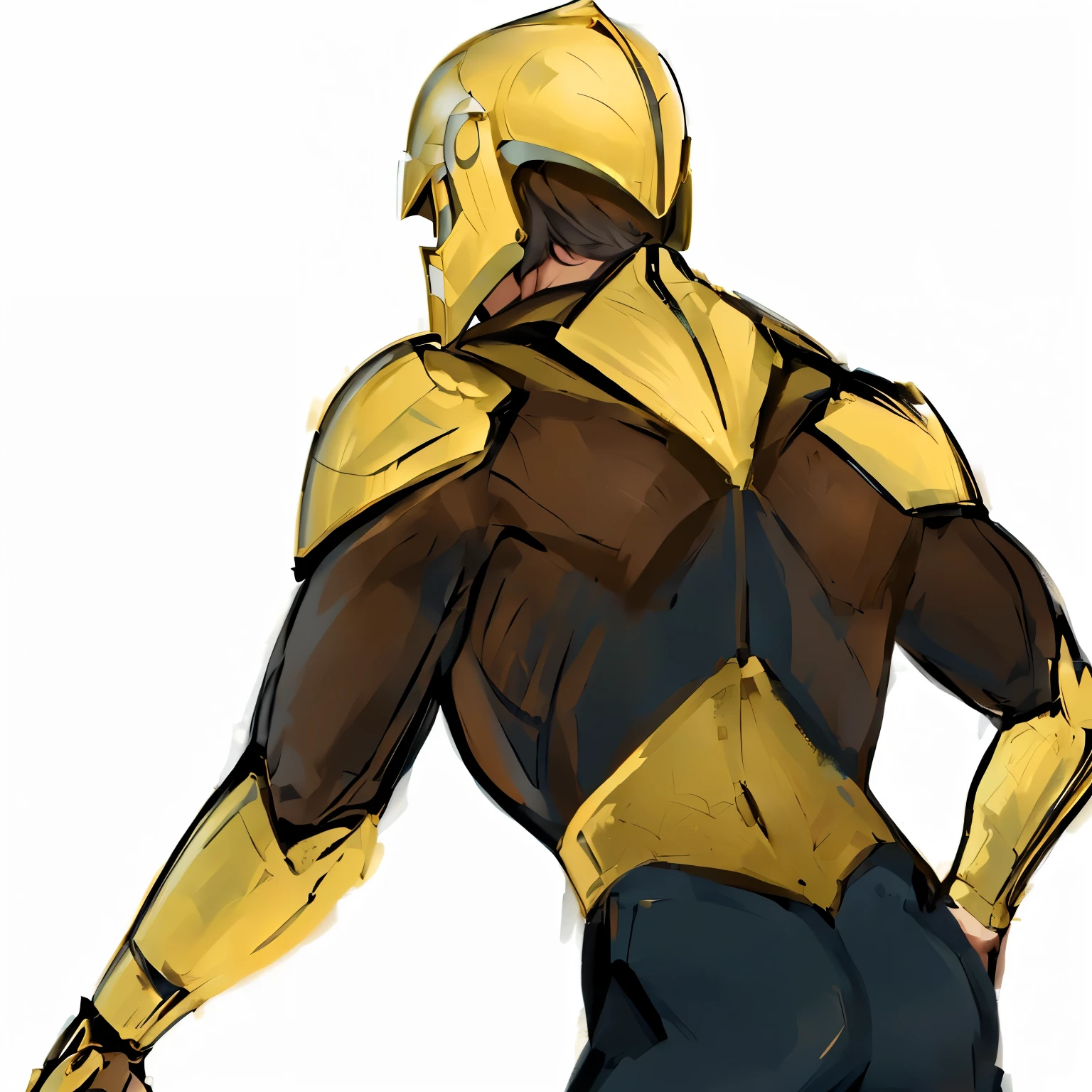 a man in an ash helmet stands with his back in a dynamic pose, sleek golden armor, body gold armor, heroic manly pose, smooth golden armor, golden armor suit, golden armor, villainous pose, Gold obsidian armor, wearing golden armor, high quality цветной эскиз, gold armor, wearing gold armor, golden armor