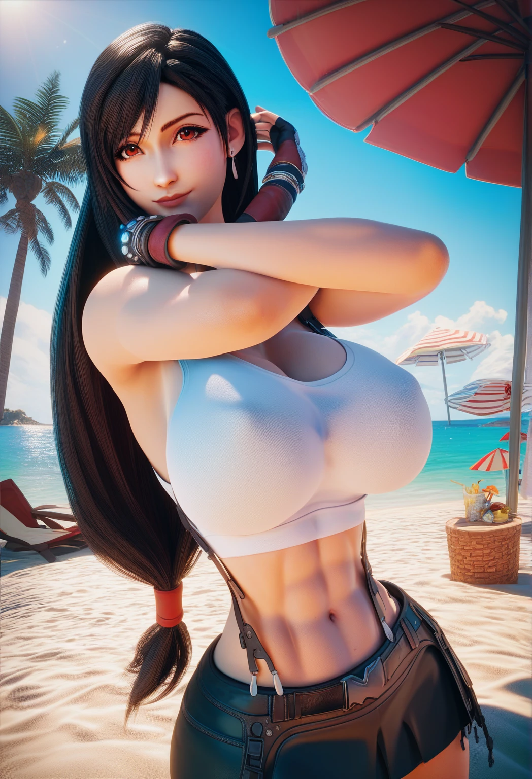 1girl, bangs, black hair, blunt bangs, cleavage, cowboy shot, huge breasts, lips, long hair, looking at viewer, midriff, navel, nyotengu, purple eyes, smile, solo, (masterpiece:1.4), (best quality:1.4), upper body, sexy mini bikini,