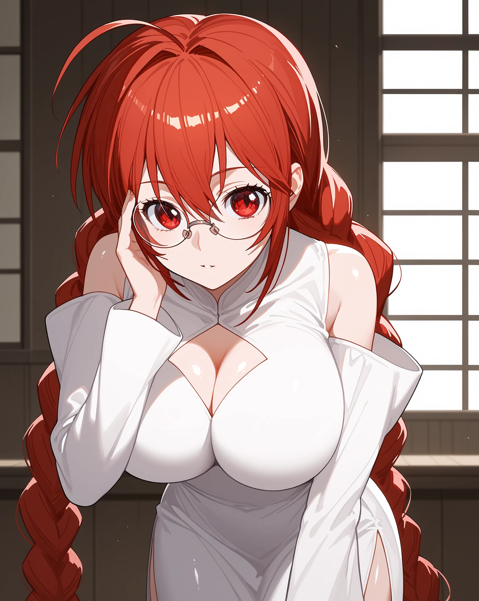 Makima, beautiful girl, braided ponytail hair, red hair, nude, naked, slim, tall, sexy, large breasts, big breasts, big boobs, half body, upper body, smile, ((big boobs, big breasts, large breasts)), nude,