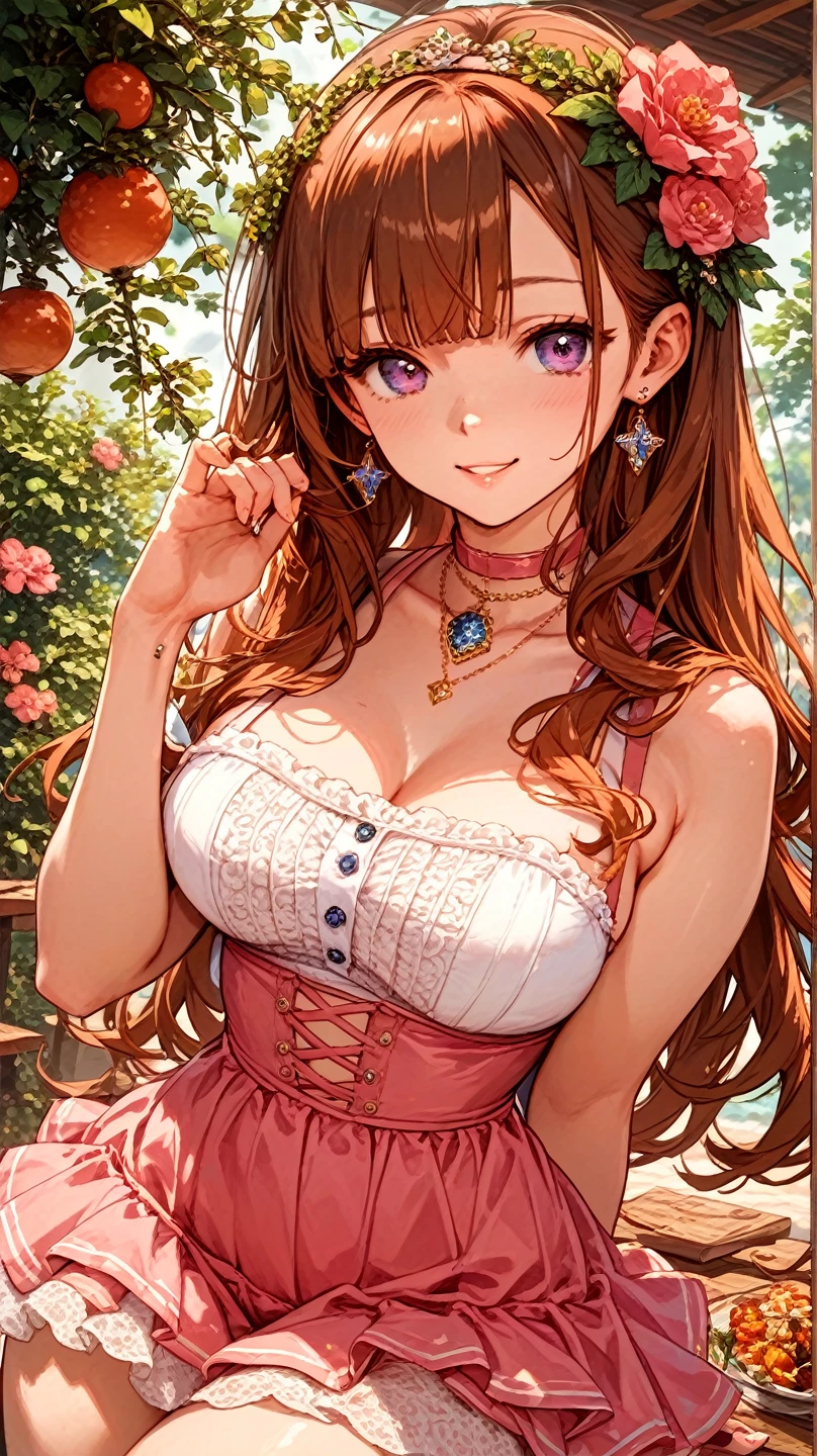 (shoujo-style), floral background, romance manhwa, 1girl, nicenature, solo, horse ears, horse girl, flower, wedding dress, tiara, white dress, gloves, long sleeves, thick eyeblows, (vail), white gloves, purple bow, purple flower, standing, necklace, bow, jewelry, happy, looking at viewer, white background, closed mouth, collarbone, smile, puffy sleeves, hands on hip, upper body, parted bangs, brown hair, frills, bangs, cowboy shot, gigantic sagging breasts, cleavage