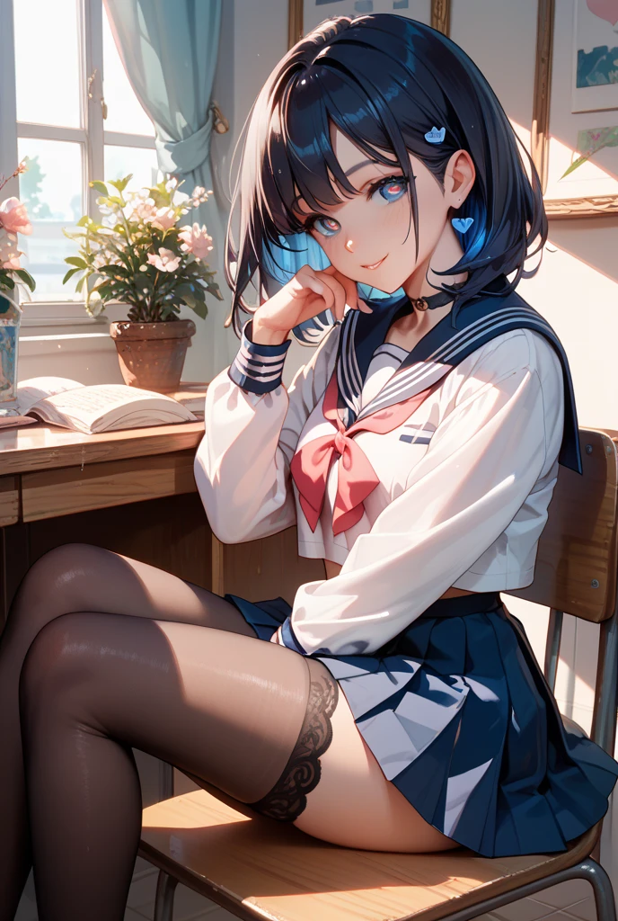 ((Masterpiece: 1.3)), ((Absolute Resolution: 1.2)), ((Highest Quality: 1.4))), ultra-detailed, super-detailed face, complex and detailed eyes, one girl, slick nasal bridge, detailed mouth, meticulous and cute smiling expression, realistic bumps on human body, silky smooth hair texture, (excited face and humiliated, (( realistic skin)), ((stylish and cute designed school uniform: 1.6, black stockings denier 20:1.4)), ribbons, hat, ruffles, lace, girl with one-length bob-cut braids, adornments of cute design appropriate for her age, (sitting pose with legs spread left and right and hips floating: 1.3), Innocent hand motions, (white skin:1.3), softly swaying breasts filled with large amounts of fat, cinematic lighting, perfect shading, (((cute nursery))), shaded realistic lighting, Reflecting the whole body