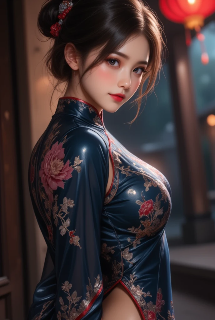 "1 beautiful girl in traditional costume, wearing a traditional Chinese ao dai in luminous blue, Ao dai with blue as the main color, black chest border and golden border, short hair and white bangs, hair jewelry most detailed and beautiful, Super cute little face, Extremely pretty face, sparse eyebrows, most flawless beautiful face, ((black pupil:0.8)), very beautiful eyes, ((eyes red:1.4)), beautiful and detailed eyelashes and very magical makeup, high nose, earrings, thin lips, red lips, no smiling, beautiful lips, rosy face, clean face, flawless beautiful face , smooth white skin, (big breasts: 0.9)), Blums breasts, ((big and super round breasts): 0.9)), ((super tight breasts: 1.2)), ((breast augmentation: 0.8)), beautiful breasts, sitting on the floor, Sitting with legs wide open, thighs wide and not shy, hands behind back, chest forward, leaning back slightly, beautiful girl's upper body, 8k photo, super high quality, hyper realistic, 10x super pixels, photo realistic, bright studio, bright edges, two-tone light color, (high detail) skin: 1.2), 8k ultra, soft light, high quality , volumetric lighting, realistic, Photos, high resolution, light, best photo, 4k, 8k quality, blur effect, Smooth and sharp, 10x pixels, aurora, lightning, super graphics , most realistic graphics,(Red flower background: 1.8), alone, solo, portrait 9:16, Extremely sharp, surreal image., (NSFW:1,7), pubic hair, spread legs, view from below, , transparent outfit, cameltoe, huge breasts, nipples, areola"