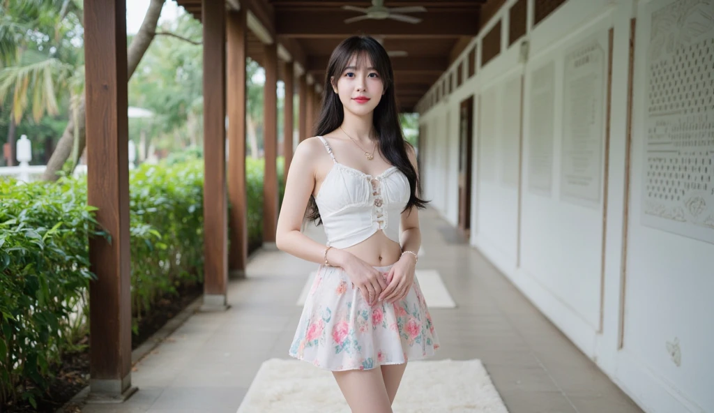 Beautiful woman with perfect body:1.4,Layered Hairstyle,Prominent cleavage,Highly detailed face and skin textures,Double eyelids,Skin Whitening,Long hair,Whitened long legs,粉红Long hair,(Tight suspenders,miniskirt,White pantyhose)Standing in the garden