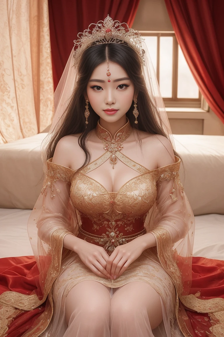 beautiful indonesian bride with tiara, traditional wedding dress, sit on altar, spreading legs, man penis inserting her small vagina, standing sex, wedding moment, face focus, pov view, voluptuous woman, cleavage, round breast, pale skin, modern makeup, realistic, bright colors, real detailed, hd