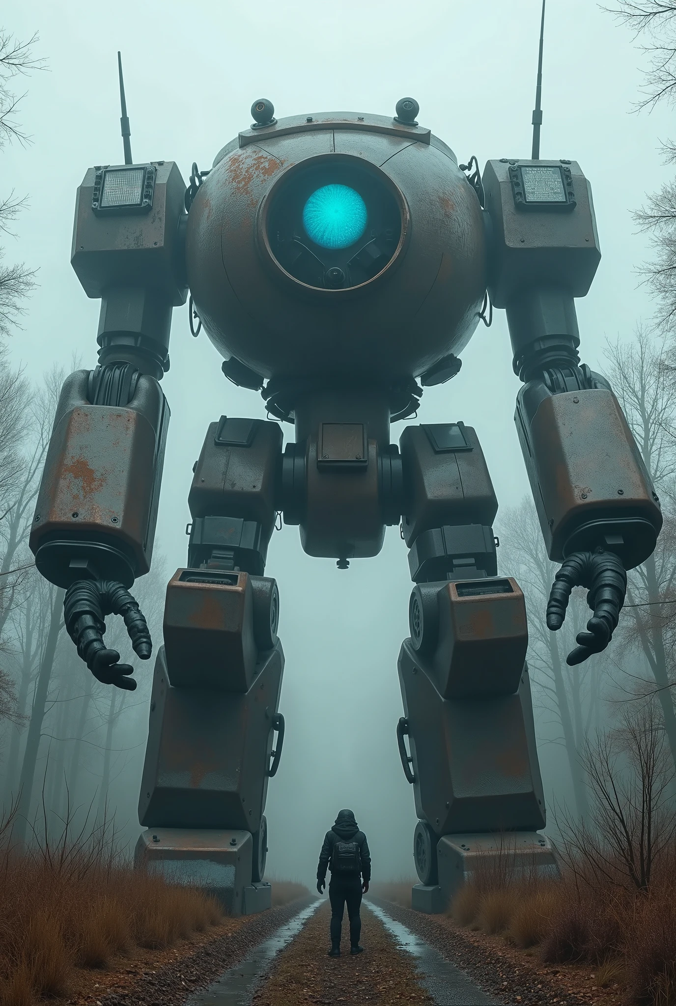 military robot like a tank、head in the center of the body、(An intimidating feeling like a chariot:1.2),The dark, dark metallic body is rusted、50m、standing in the fog of the forest、creepy atmosphere,(You can see a large blue reactor in the center of the main body:1.2)、heavy and intimidating robot、(Wacky and kinky design:1.2)、Extremely Huge Robot、A is looking up at the robot、