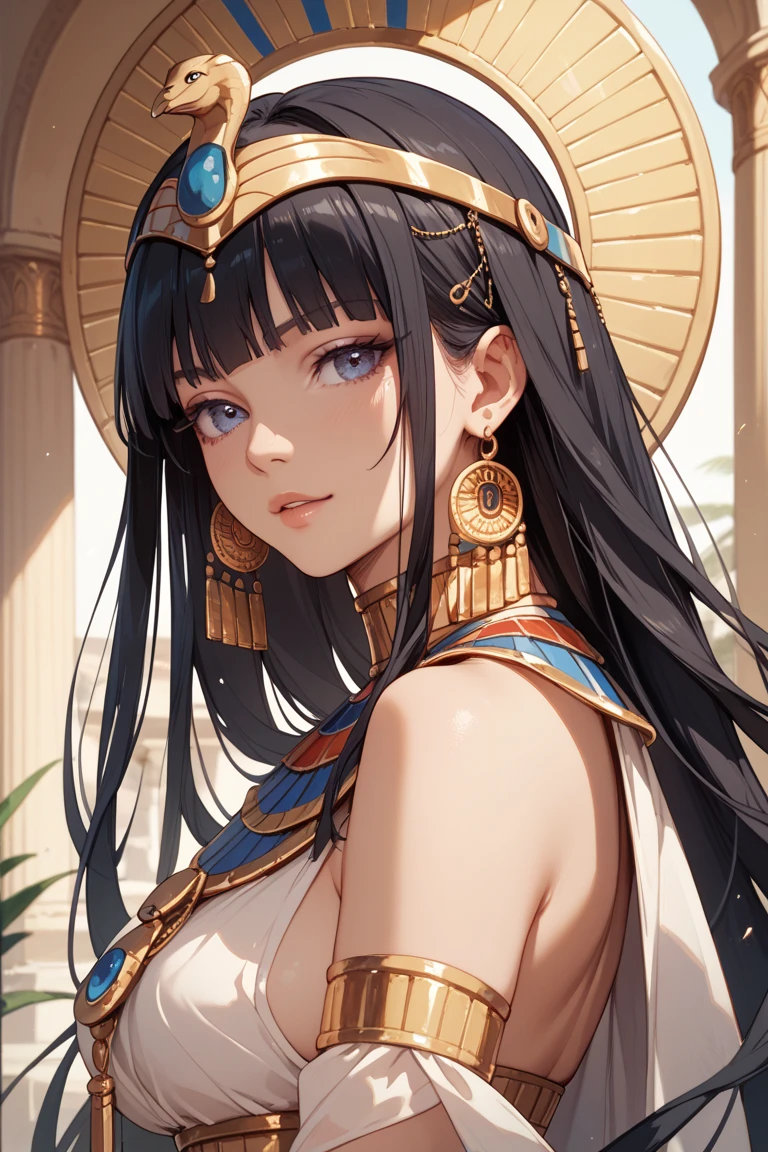 Cleopatra's clothes、There are many areas where the skin is exposed、Erotic、cute、hairstyle short、skin color is light brown、Desert background