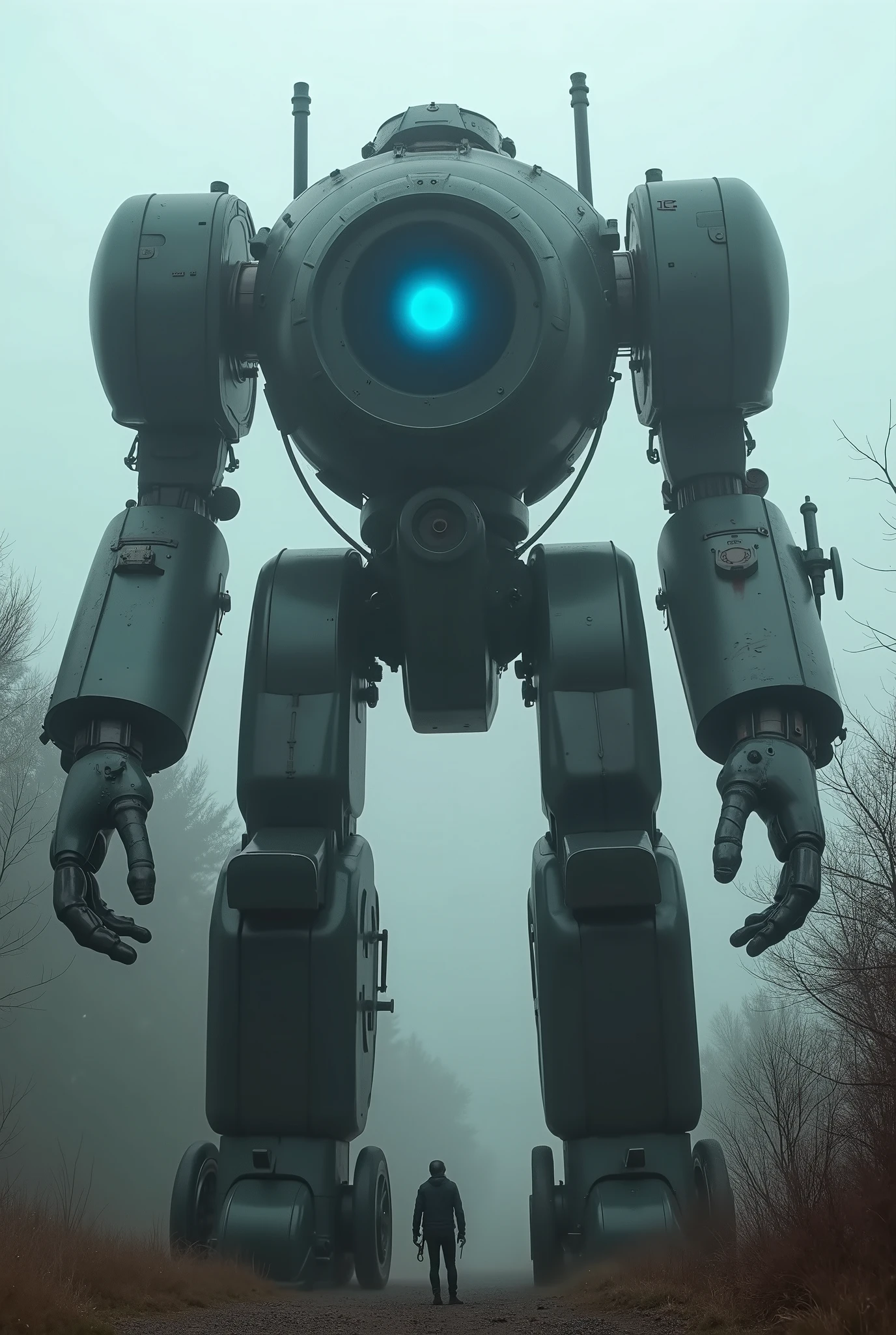 military robot like a tank、head in the center of the body、(An intimidating feeling like a chariot:1.2),The dark, dark metallic body is rusted、50m、standing in the fog of the forest、creepy atmosphere,(You can see a large blue reactor in the center of the main body:1.2)、heavy and intimidating robot、(Wacky and kinky design:1.2)、Extremely Huge Robot、A is looking up at the robot、
