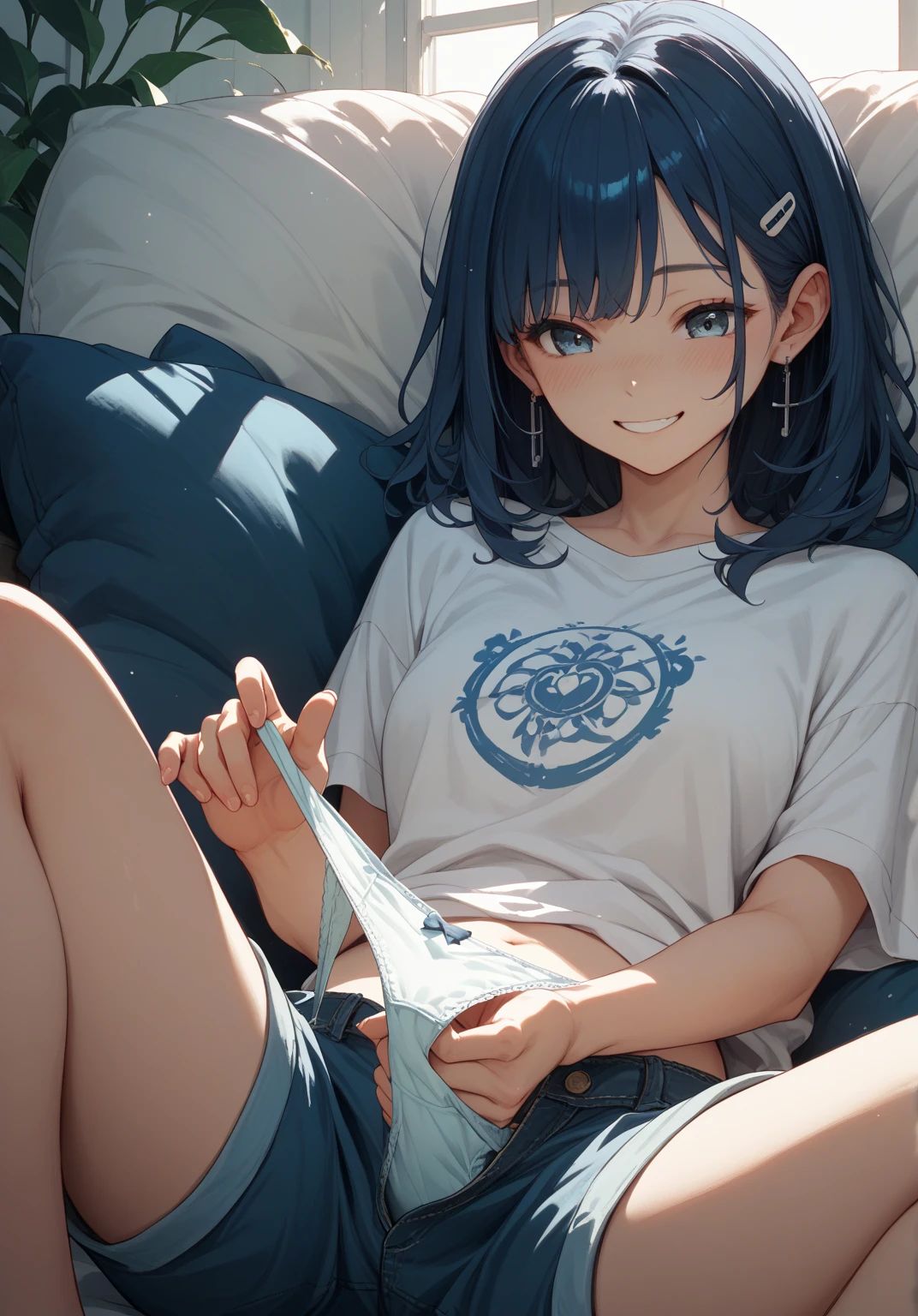 ( masterpiece ) , ( highly detailed ) , (beat quality) ,  ( perfect face ) , (fubuki) , green eyes , wearing white printed t-shirt and blue shorts , in garden sitting on grass 