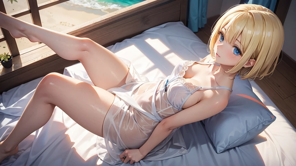 2D Anime Style、Blue eyes、Adults、Blonde Shorthair、cool and beautiful woman、almost taking off his underwear、full body Esbian、on the beds、spreading legs、There is only one person in the illustration