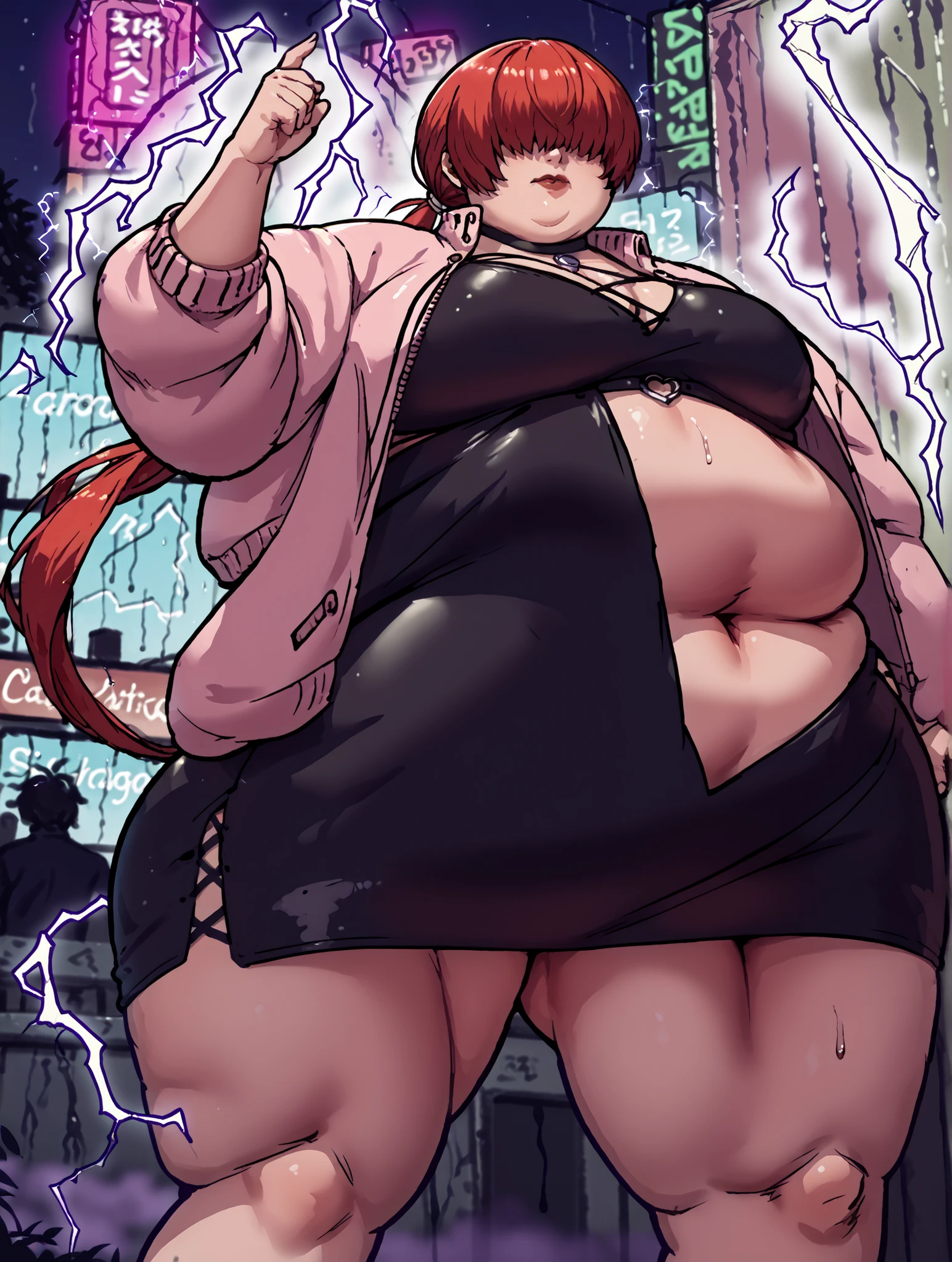 score_9, score_8_up, score_7_up,score_6_up, score_5_up, score_4_up , 1girl, solo,
large breasts,
shermieDG,
split ponytail, long hair, bangs, hair over eyes, red hair, dark skin
miniskirt, jacket, pink jacket, choker,cropped jacket, full body
city, night, neon lights, rain,
fighting stance,
from below,
electricity, magic,