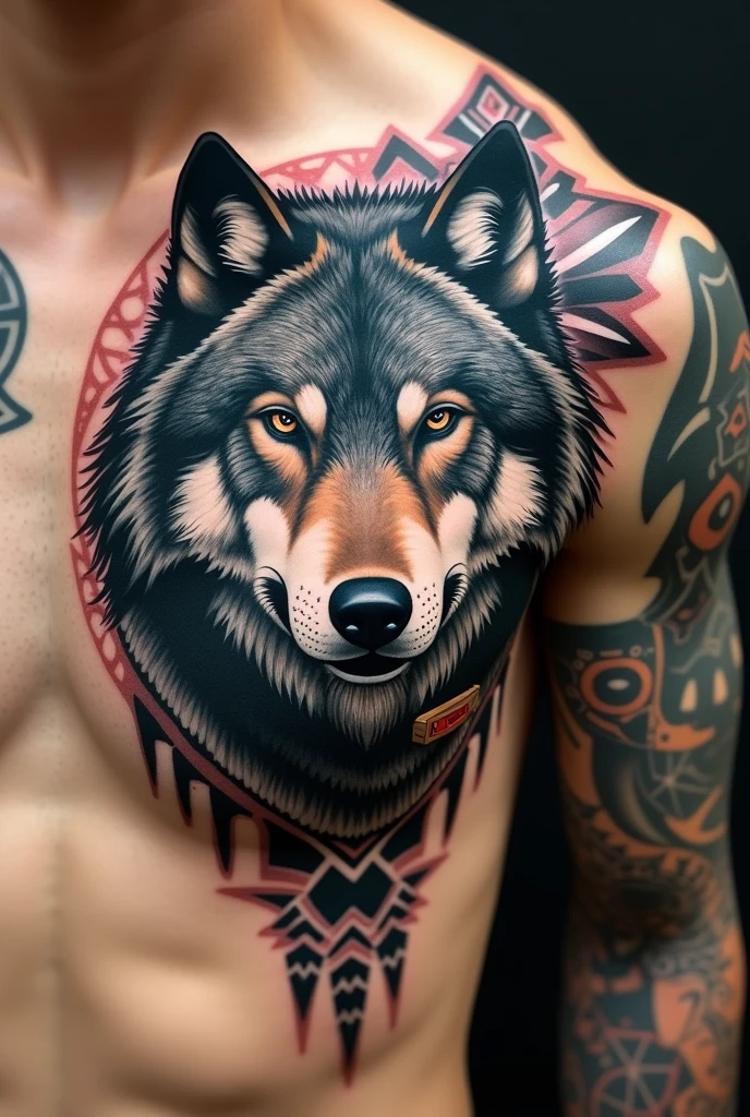 Make a geometric tattoo design of a growling wolf for my chest to be centered on my chest