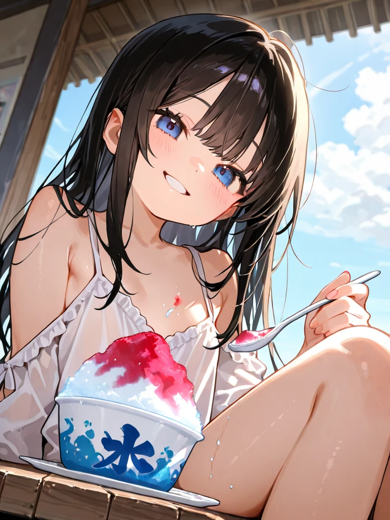 (8k,16K,best quality,high-resolution,detailed fingers,detailed hands,detailed eyes,detailed legs:1.5),(shoot from above:1.5),(looking up,looking at viewer:1.4),(1girl,solo),(Black Hair,ponytail wavy hair:1.2),(Outdoor,The wall of a wooden building is right beside me.:1.4),(On the dry sand,Kneeling on the sand:1.6),(large breasts:1.5),(white bikini swimsuit:1.5),(Holding and eating a pure white ice cream cone,The pure white ice cream is melting and dripping profusely onto my chest and legs.:1.7),(hand in panties,Hands in panties:1.6),female orgasm,(pussy juice),(open mouth,gasping,heavy breathing,blush:1.5),(impatience:1.2),(flustered:1.1),(fidgeting around:1.2),(steam:1.4),(streaming tears1.3),(sweat skin:1.4),(saliva,drooling1.3), 24 years old