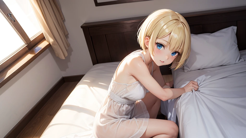 (looking upsideforward view:1.3), solo, 25 years old,hime cut, (blunt bangs:1.2), sexy eyeliner, dark gold color nightgown, collarbone, blush, (dark silver color see-through), dark gold color lace trimming, (embarrassed and surprised expression), (I'm the main character:1.2), quietly, indoors, bedroom, bed, kneeling on bed, theater lights,(ukiyo-e)