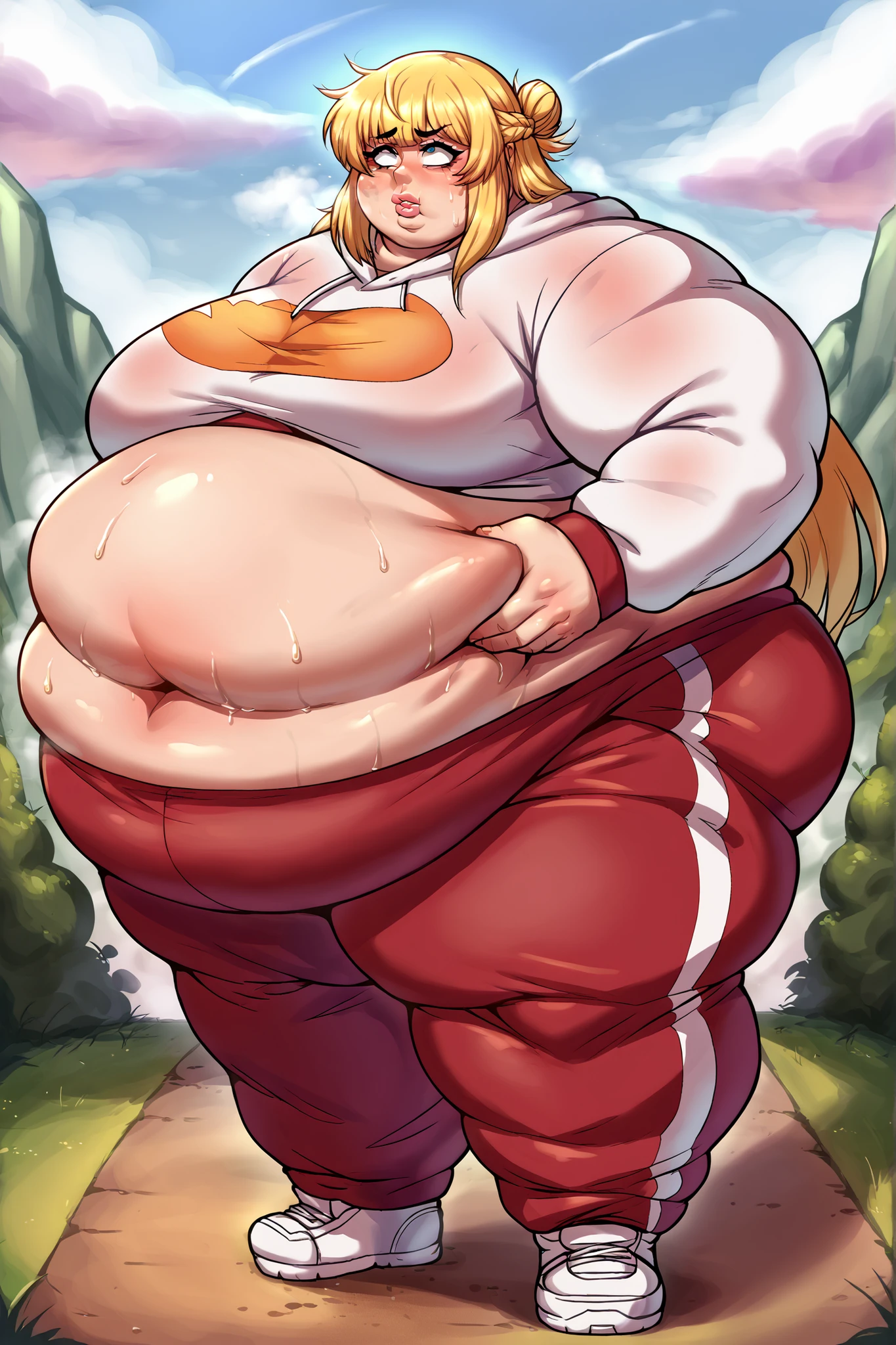 (masterpiece, best quality, highly detailed), 1girls, big belly, huge belly, art by kipteitei, round belly, chubby, curvy, belly grab, enormous belly, fat belly, thicc, bigger belly, really big belly, jiggly belly, glasses, gym clothes, (sweating), very tight breasts, ((full body)), flandre scarlet
