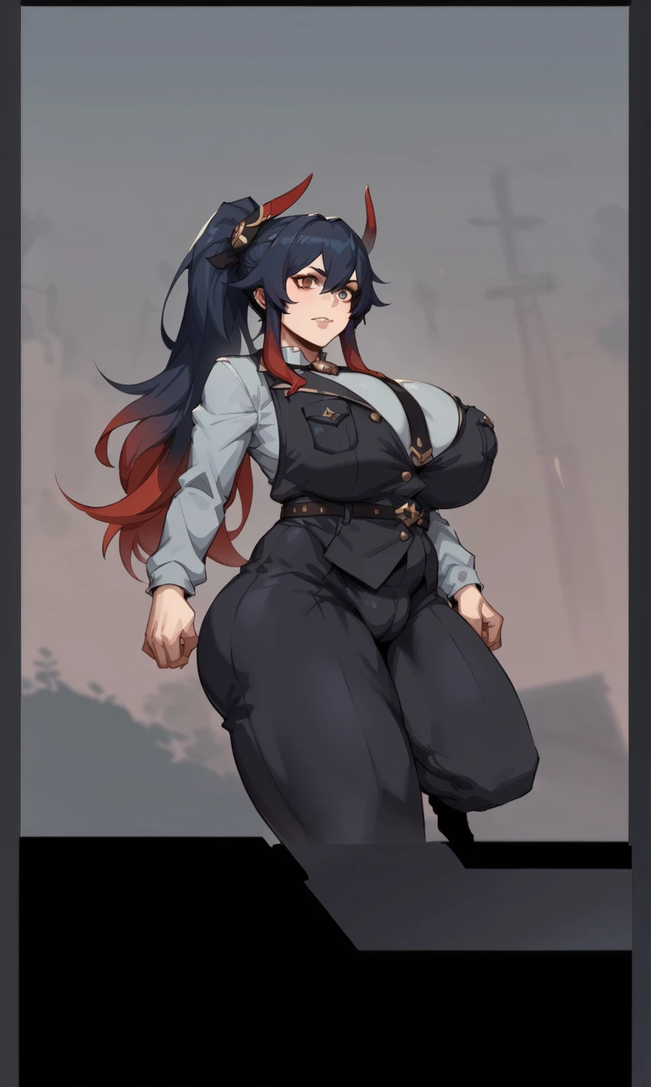 score_9, score_8_up, score_7_up, score_6_up, score_5_up, score_4_up, (source_anime),   1girl, solo, long hair, huge breasts, looking at viewer, smile, bangs, simple background, shirt, black hair, orange eyes, hair between eyes, black shirt, full body, red hair, multicolored hair, grin, huge breasts, two-tone hair, ring, colored inner hair, military uniform