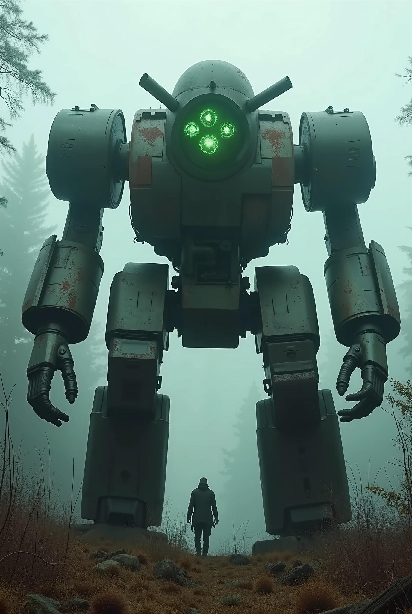 military robot like a tank、head in the center of the body、(An intimidating feeling like a chariot:1.2),The dark, dark metallic body is rusted、50m、standing in the fog of the forest、creepy atmosphere,(You can see 6 large reactors glowing green in the center of the main body:1.2)、heavy and intimidating robot、(Wacky and kinky design:1.2)、Extremely Huge Robot、A is looking up at the robot、