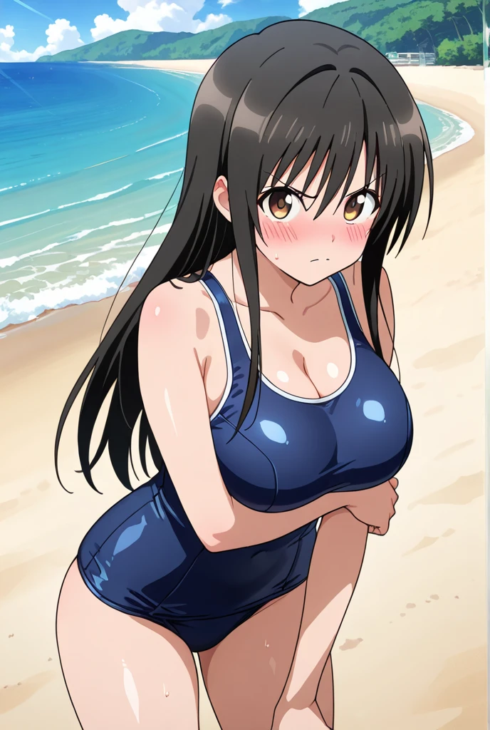 highest quality, 8K resolution, anime screen capture, anime color, anime key visual, one girl, cute, long black hair, 18 years old, big breasts, (monokini,swimsuit,beach,blush:1.3),(erect nipples:0.8),, perfect anatomy, beautifully intricate face, intricately detailed eyes, beautiful fine hair, beautifully intricate body, beautiful contour, vivid colors, vibrant lighting