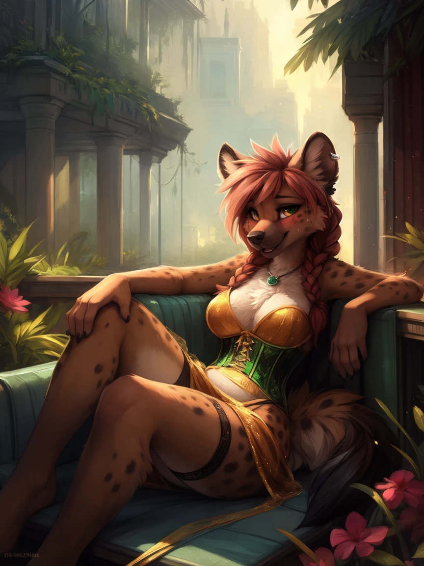 **Prompt:** A beautiful, (masterpiece), high quality, perfect lighting, highly detailed CG Unity 8k wallpaper, high resolution, perfect lighting, youthful, adolescent, tall, slim, skinny, frail slender figure, slim legs, distinctly feminine figure, narrow hips, long legs, close-up shot of a unique female leopard character. She has sleek, golden-yellow fur adorned with intricate rosette patterns in deep black, giving her a striking and exotic appearance. Her hair is long, flowing, and jet black, cascading down her back and partially covering one side of her face. Her eyes are a deep, enchanting green, filled with a mysterious allure.
She is dressed in a sensuous, elegant outfit: a form-fitting silk camisole in deep emerald green with delicate lace trim, paired with a sheer, flowing wrap that drapes over her shoulders and arms, adding a touch of sophistication and grace. Her accessories include a pair of dangling silver earrings, a thin, diamond-studded choker, and a delicate silver bracelet. She holds a single, deep red rose in one hand, its petals soft and velvety against her fur.
The character is posed reclining on a luxurious, plush chaise lounge upholstered in rich velvet. One leg is elegantly draped over the side, while her other leg is bent slightly at the knee. Her free hand rests lightly on the back of the chaise, fingers gently curled. Her expression is soft and inviting, with a slight, knowing smile and half-closed eyes that exude a sense of calm and sensuality. The background is softly blurred, with hints of a lavish, dimly lit room adorned with rich fabrics and ornate decor, creating an intimate and romantic atmosphere that enhances the character's allure and the captivating mood of the scene.