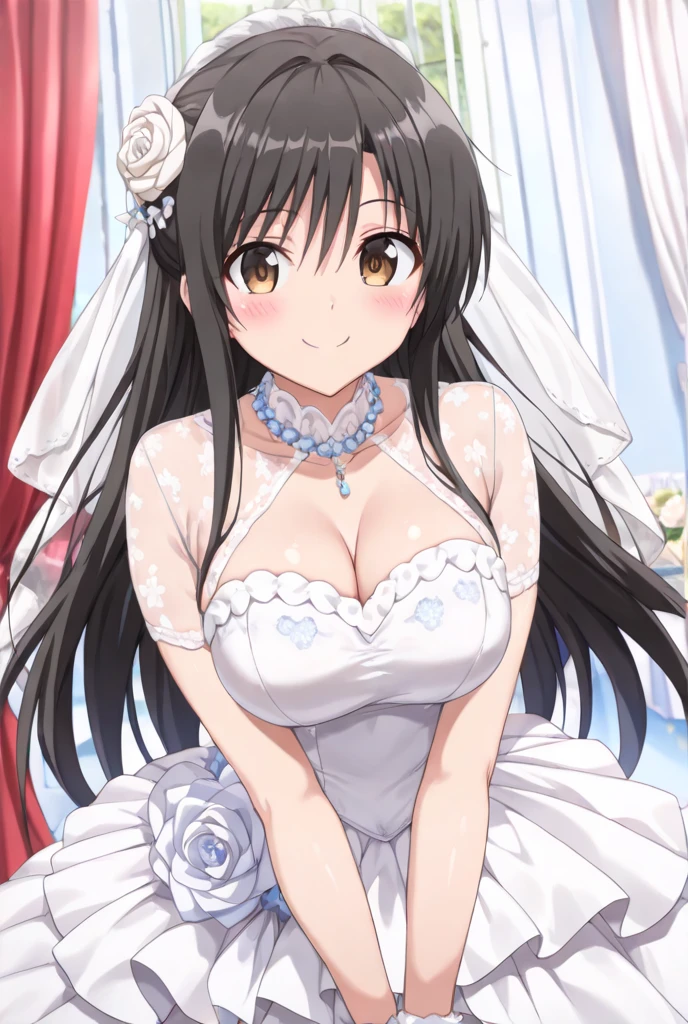 Black_hair,Black_Eye,long_hair,Bangs,
Close-up of beautiful bride wearing beautiful wedding dress,Gurwitz,(bridal veil:1.5),(Transparent short veil:1.5),Blushing face,Head flower,headgear,(tube top wedding dress:1.5),(Silk dress:1.2),(Strapless wedding dress:1.5),pure white dress,necklace,earrings,(large breasts:1.3),Deep V peach heart collar wedding dresangs,lipstick,(lace gloves:1.3),whole body照,High detail RAW color art,Long white dress,whole body,Place your hands behind your back,