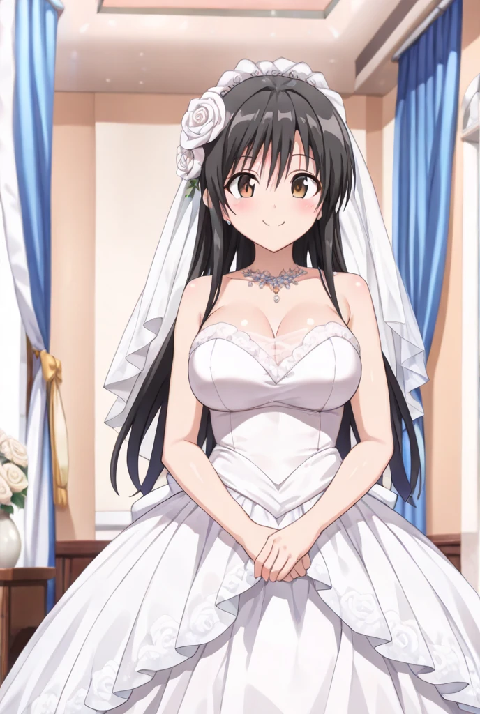masterpiece, best quality, highres, aaichika, tiara, bridal veil, necklace, cleavage, wedding dress, strapless dress, white dress, white gloves, elbow gloves, garden on background, smile, open mouth, tears, upper body, confetti, holding bouquet, bouquet, Pink lipstick on the lips, huge breasts, shining breasts, nagatoro hayase, hair ornament, brown eyes, hairclip ,dark skin, black hair, huge breasts, big breasts, rounded tits, rounded breasts, seductive