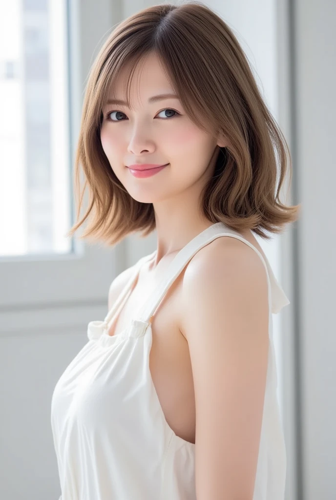 Masterpiece、Highest quality、masterpiece、High resolution、Photorealistic、Raw photo、8k wallpaper、perfection、Professional Lighting、Very detailed、Depth of written boundary、Light solid color background、((1 beautiful woman))、((33 year old sexy woman、Detailed oval face、Beautiful Eyes、bangs、Shapely large breasts、Light brown, medium length straight hair、Faint lips、((Stand facing forward、Staring at the viewer with a serious expression。))、White elegant camisole、White summer skirt、cowboy shot from the knees up