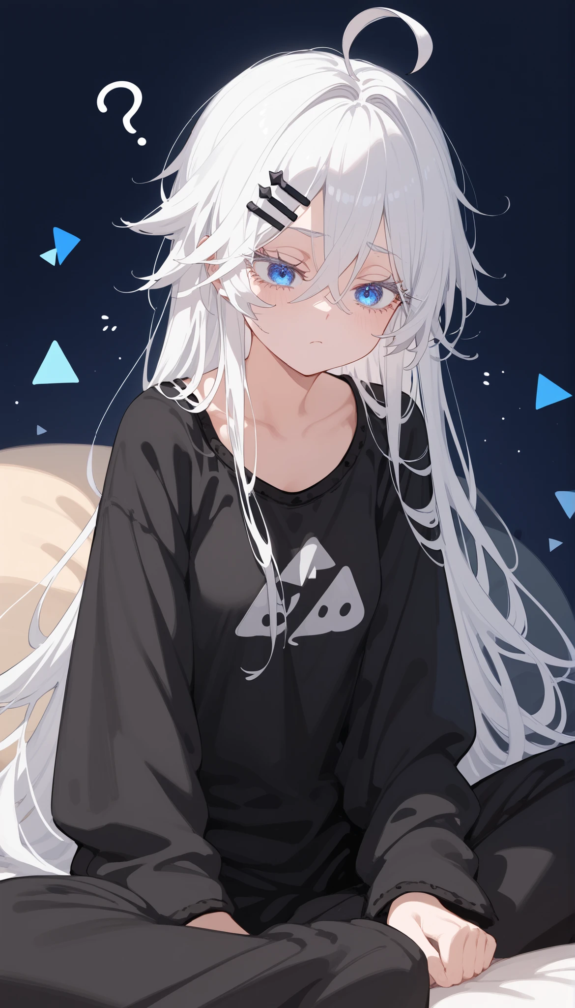 girl,In blue eyes,,, small breasts,Milf,,long hair,Black Hairpin,long hair,Black pajamas,Long pants,slim,sleepy, oversized,white hair,Confused, Tomboy ,TRIANGLE COLOR BACKGROUND,Long Eyelashes,, small breasts, Ahoge