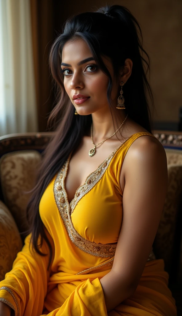 A beautiful indian women with big booty her skin is white wearing a yellowcolour kameez sitting in a chair showing her butt