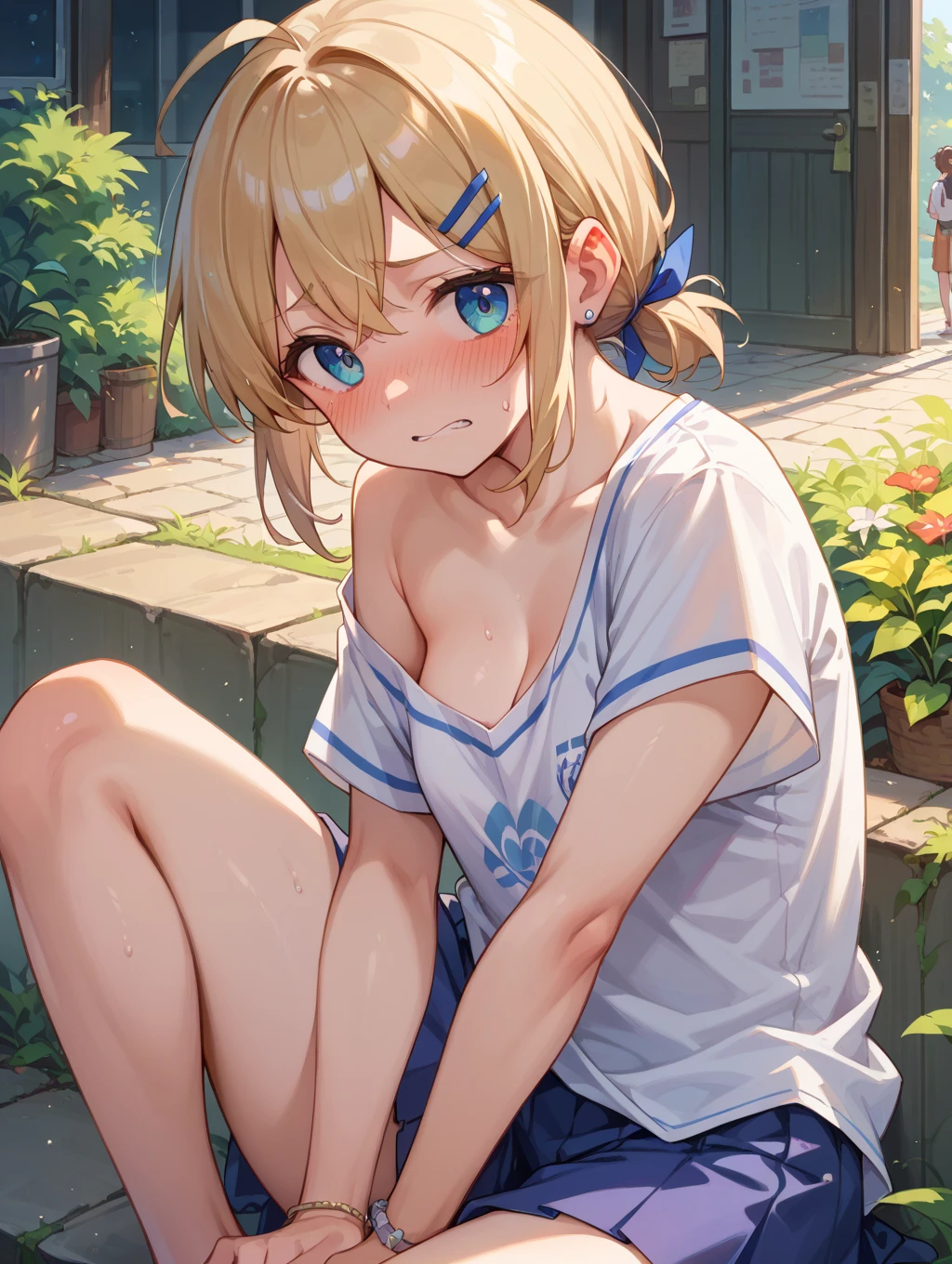 ((topless)), nsfw, masterpiece, 1 girl, erect nipples, nipples, navel, necklace, skirt, smiling, hair ornament, bare breasts, bare stomach, sweaty, cowboy shot, small breasts, puffy nipples, hair ribbon, texts, bare arms, collarbones, blonde, flower crown, smiling, petite, flat chest, blue eyes, scottish skirt, small breasts, child, apple basket, farm, alpine, temperate, nude, slim waist