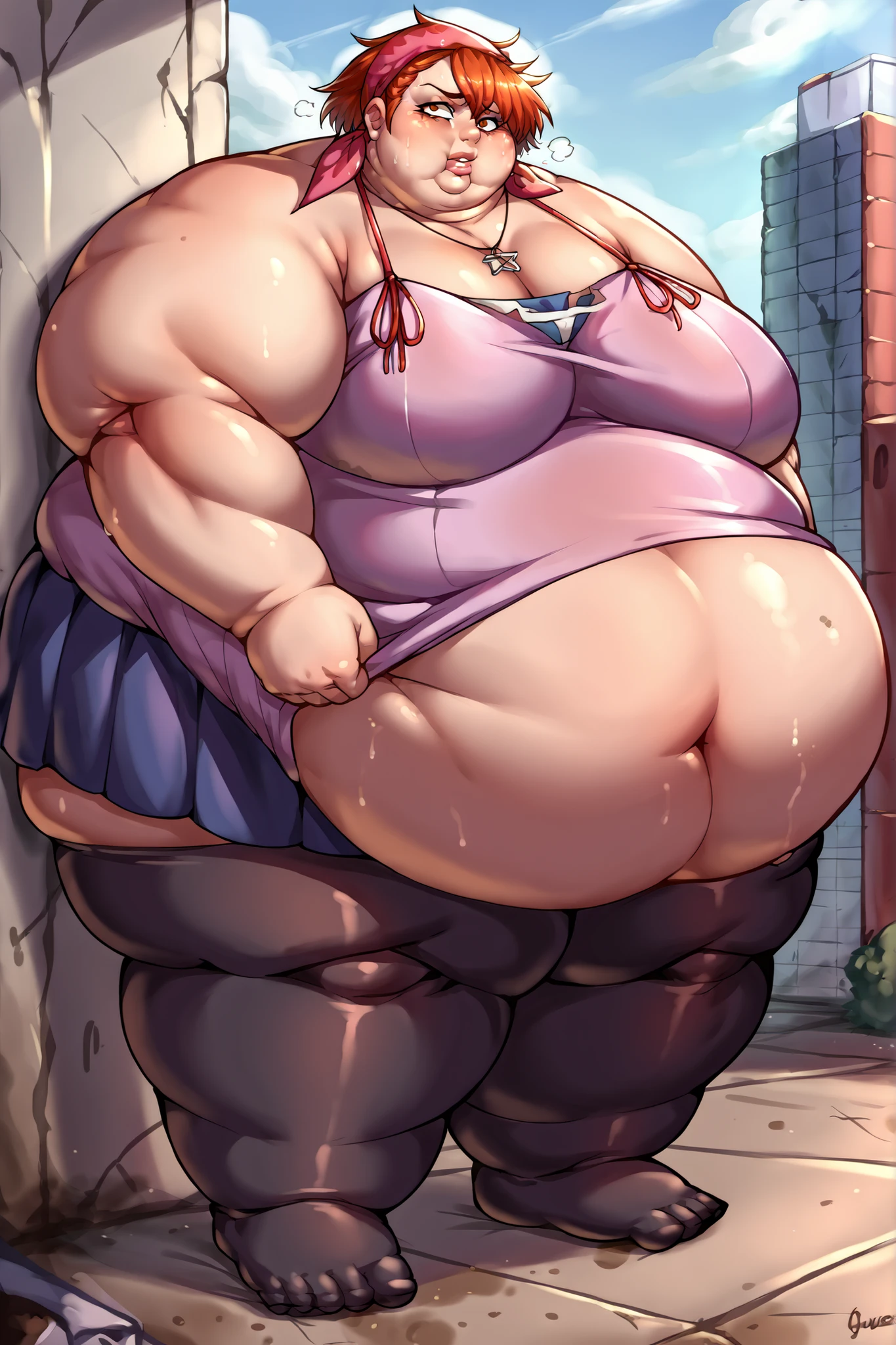 Anime Women, Lady、Black Hair、Forehead、Long braids、Glasses、Hanging eyes、Brown eyes、Are fat、Chubby、Voluptuous、obesity、Double chin、Cheek、Fat-covered neck、Big Breasts、Saggy breasts、Thick upper arms、Fat Belly、tall、Brown Unitard、Brown training tights、sneakers、Gloss、Sweat、Embarrassed、School